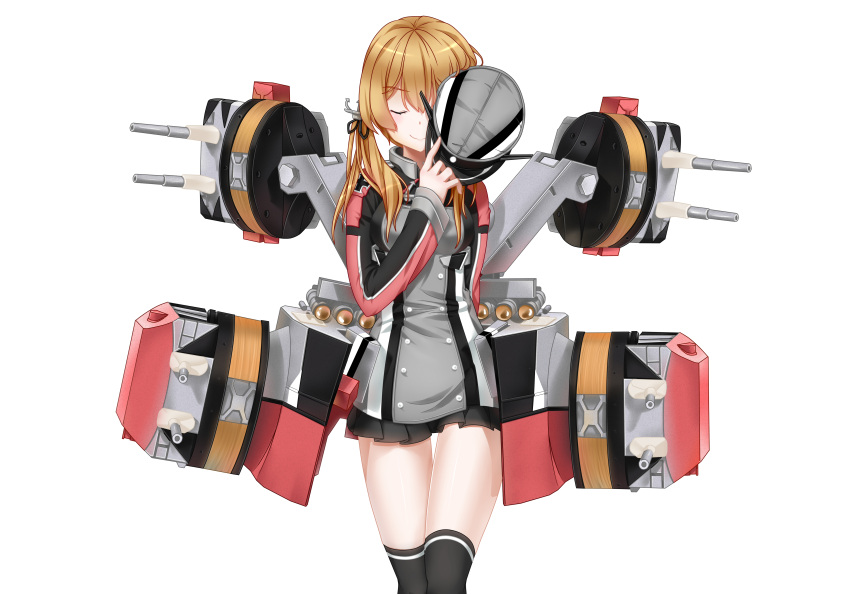 1girl absurdres anchor_hair_ornament blonde_hair closed_eyes gloves hair_ornament hair_ribbon hat highres holding holding_hat huangxing iron_cross kantai_collection long_hair low_twintails machinery military military_uniform miniskirt peaked_cap pleated_skirt prinz_eugen_(kantai_collection) ribbon skirt smile solo thigh-highs thigh_gap twintails uniform white_background white_gloves zettai_ryouiki