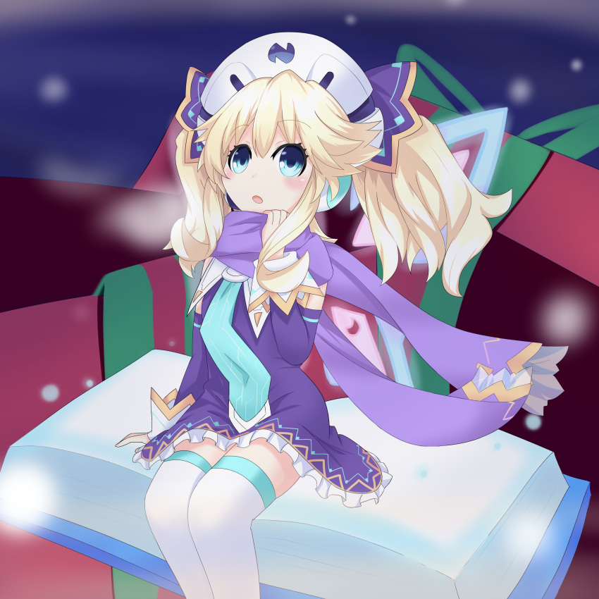 1girl absurdres blonde_hair blue_eyes blush book breath choujigen_game_neptune christmas fairy_wings gift hair_ornament hat highres histoire long_hair neptune_(series) open_mouth rian_(clearhisty0101) scarf shin_jigen_game_neptune_vii snow solo wings