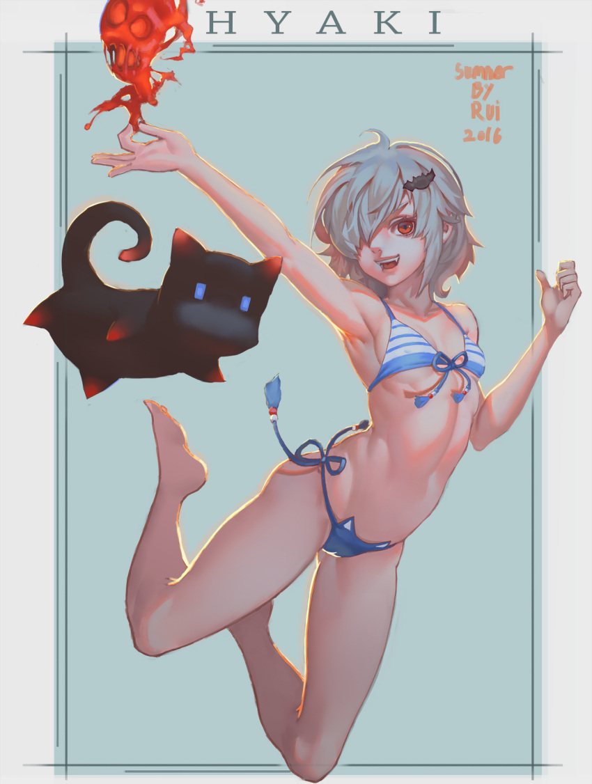 1girl arm_up armpits bat_hair_ornament bikini breasts cat fang front-tie_bikini front-tie_top full_body hair_ornament hair_over_one_eye highres jumping looking_at_viewer open_mouth original ray_(nagaseray) red_eyes short_hair side-tie_bikini silver_hair small_breasts solo striped striped_bikini swimsuit vampire