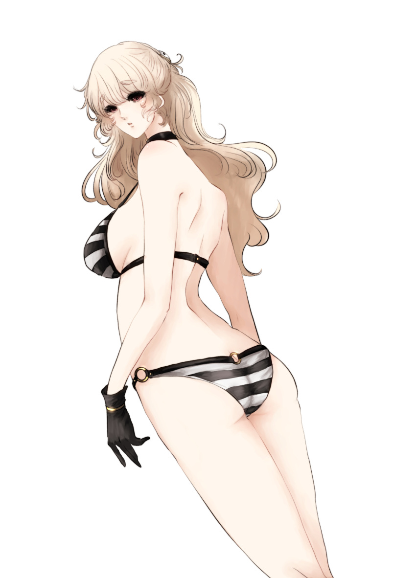 1girl ass bikini black_gloves blonde_hair breasts butt_crack genderswap genderswap_(mtf) gloves hair_ornament hairclip highres jojo_no_kimyou_na_bouken keyhole_bikini keyhole_panties kinako_(nurupoga) large_breasts long_hair red_eyes risotto_nero sideboob solo standing swimsuit