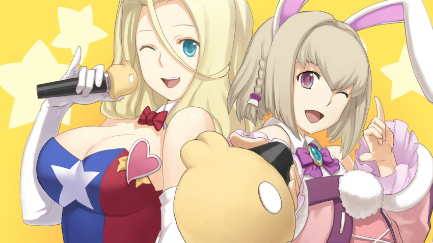 2girls ;d animal_ears aqua_eyes ar_tonelico ar_tonelico_iii back-to-back blonde_hair bow bowtie braid breasts brooch brown_hair cleavage detached_collar elbow_gloves game_cg gloves hair_between_eyes hair_ornament head_tilt heart holding_microphone jewelry large_breasts long_hair long_sleeves looking_at_viewer microphone multiple_girls nagi_ryou one_eye_closed open_mouth outstretched_arm rabbit_ears red_bow red_bowtie saki_(ar_tonelico) salapator short_hair smile star star_print upper_body violet_eyes white_gloves wing_collar yellow_background
