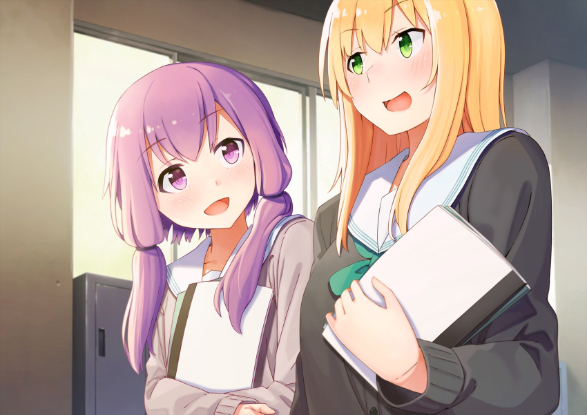 2girls :d blonde_hair bow bowtie dacchi eyebrows eyebrows_visible_through_hair green_bow green_bowtie green_eyes hair_between_eyes highres holding indoors locker long_hair long_sleeves looking_at_another multiple_girls open_mouth purple_hair school_uniform short_hair_with_long_locks smile sweater talking tsurumaki_maki violet_eyes vocaloid voiceroid window yuzuki_yukari