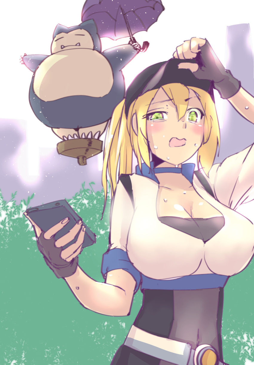 1girl absurdres armadillo-tokage baseball_cap belt black_gloves blonde_hair blue_eyes bodysuit breasts cleavage collarbone crop_top female_protagonist_(pokemon_go) fingerless_gloves floating gloves green_eyes hair_between_eyes hat highres impossible_clothes large_breasts open_mouth outdoors parody pokemon pokemon_(creature) pokemon_(game) pokemon_go ponytail short_sleeves snorlax sweat tonari_no_totoro tree umbrella upper_body wavy_mouth