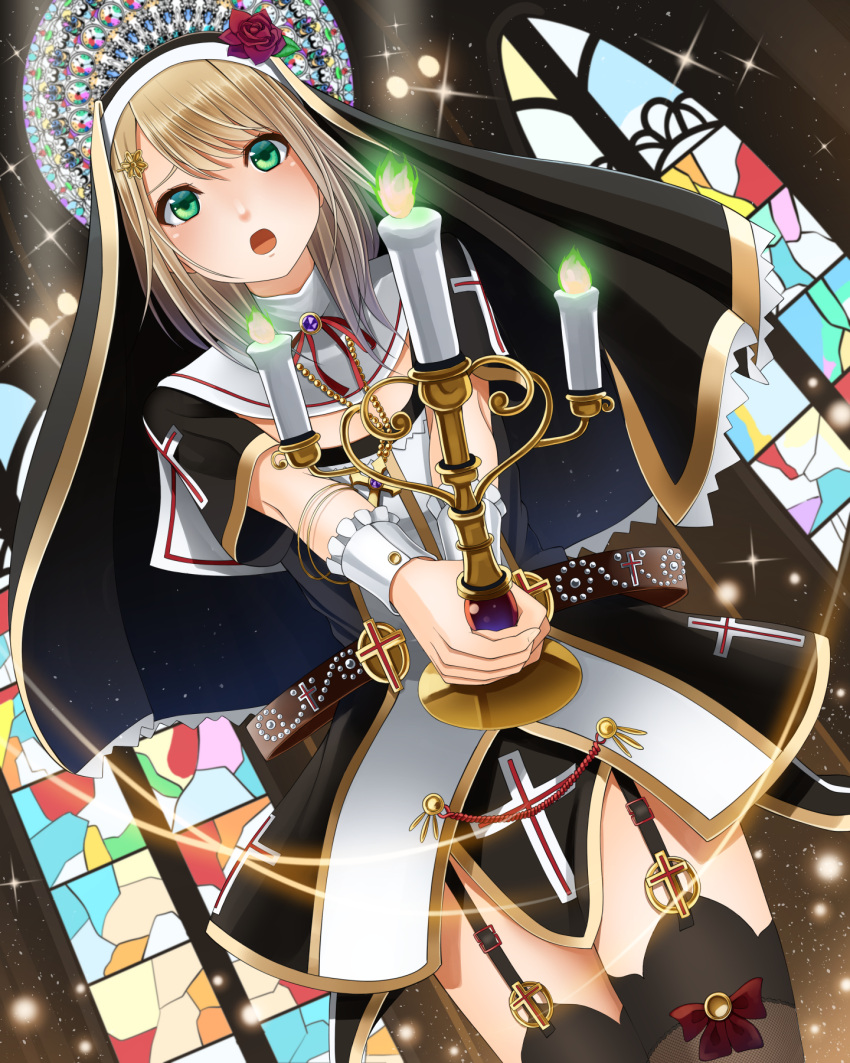 1girl blonde_hair candle candlelight candlestand cross fire flower green_eyes green_fire highres kentaurosu nun original rose solo stained_glass thigh-highs