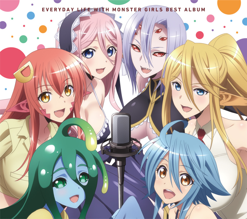 6+girls :d ahoge album_cover animal_ears arachne blonde_hair blue_eyes blue_hair blue_skin blue_wings breasts brown_eyes carapace centaur centorea_shianus cleavage copyright_name cover extra_eyes eyebrows eyebrows_visible_through_hair fang feathered_wings goo_girl green_eyes green_hair hairband harpy highres horse_ears insect_girl lamia large_breasts lavender_hair lolita_hairband long_hair looking_at_viewer mermaid meroune_lorelei microphone miia_(monster_musume) monster_girl monster_musume_no_iru_nichijou multiple_girls multiple_legs official_art open_mouth papi_(monster_musume) pink_hair pointy_ears ponytail rachnera_arachnera red_eyes redhead scales sharp_teeth short_hair sleeveless slit_pupils smile spider_girl suu_(monster_musume) teeth under_boob wings yellow_eyes