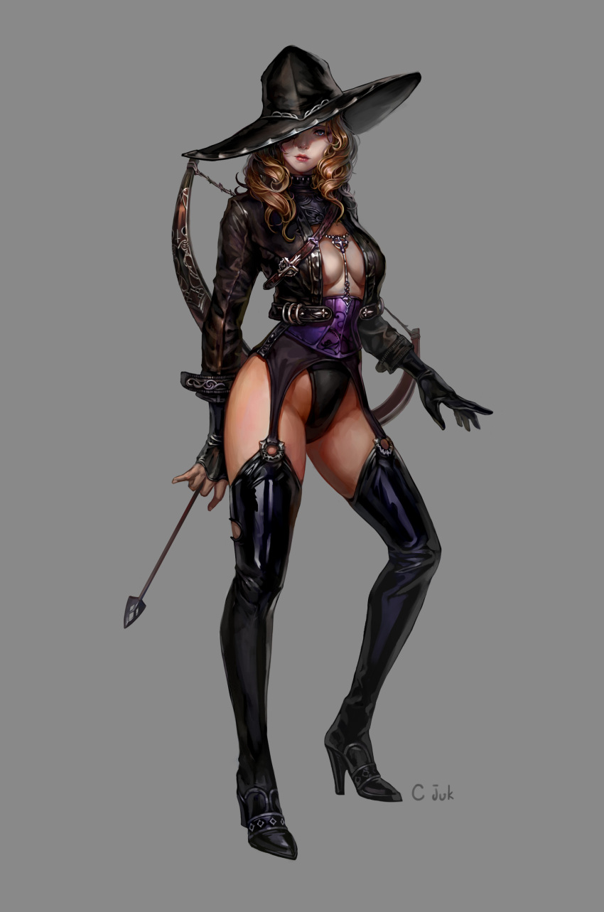 1girl absurdres arrow artist_name black_boots black_gloves black_hat black_legwear blue_eyes boots bow bow_(weapon) breasts brown_hair c-juk closed_mouth full_body gloves grey_background hair_over_one_eye hat head_tilt high_heel_boots high_heels highres holding long_hair looking_at_viewer medium_breasts original realistic simple_background solo thigh-highs thigh_boots wavy_hair weapon