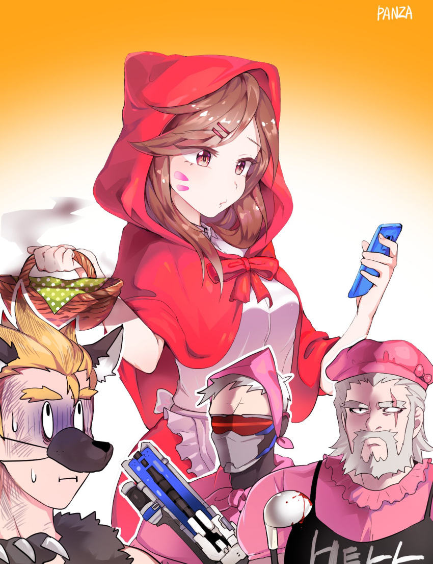 1girl 3boys animal_ears apron artist_name assault_rifle bangs basket battle_rifle blonde_hair breasts brown_eyes brown_hair capelet cellphone chestnut_mouth clothes_writing cosplay covered_mouth cowboy_shot d.va_(overwatch) dress energy_gun eyebrows eyebrows_visible_through_hair facepaint facial_hair facial_mark fake_animal_ears gradient gradient_background gun hair_ornament hairclip hands_up hat highres holding holding_cellphone holding_gun holding_phone holding_weapon hood junkrat_(overwatch) ladle little_red_riding_hood little_red_riding_hood_(cosplay) little_red_riding_hood_(grimm) mask multiple_boys overwatch panza phone red_ribbon red_skirt reinhardt_(overwatch) ribbon rifle scar scar_across_eye short_hair skirt skirt_set smartphone soldier:_76_(overwatch) sweatdrop swept_bangs upper_body visor weapon whisker_markings white_hair wolf_ears