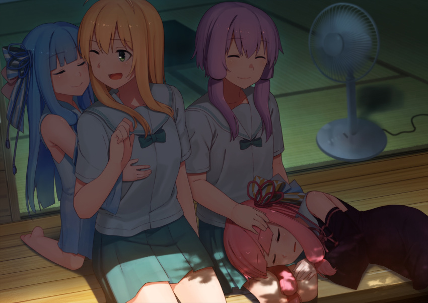 4girls aqua_skirt bare_shoulders barefoot blonde_hair blue_dress blue_hair blue_ribbon bow bowtie closed_eyes dacchi detached_sleeves dress electric_fan green_eyes hair_ribbon hand_on_another's_chest hand_on_another's_head highres indoors kotonoha_akane kotonoha_aoi lap_pillow long_hair low_twintails lying_on_lap multiple_girls one_eye_closed open_mouth pink_hair pleated_skirt purple_hair red_ribbon ribbon school_uniform shadow short_hair_with_long_locks short_sleeves sitting skirt smile tatami tsurumaki_maki twintails vocaloid voiceroid wooden_floor yuzuki_yukari