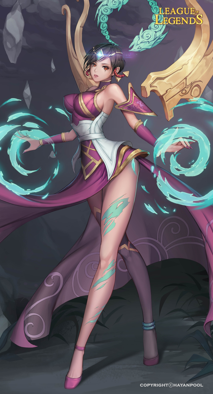 1girl absurdres anklet armor bare_shoulders breasts brown_eyes brown_hair circlet detached_sleeves dress energy_ball eyelashes facial_mark fingernails forehead_jewel hair_tubes halterneck hayanpool high_heels highres jewelry karma_(league_of_legends) large_breasts league_of_legends legs lips long_fingernails long_legs looking_at_viewer magic nail_polish parted_lips pelvic_curtain pink_lips purple_dress purple_nails short_hair sidelocks solo tiara