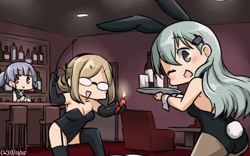 3girls alcohol animal_ears ass bar bdsm blonde_hair blush bottle breasts bunny_tail bunnysuit candle cleavage dated folded_ponytail garter_straps glasses hair_ornament hairclip hamu_koutarou highres kantai_collection katori_(kantai_collection) long_hair multiple_girls ooshio_(kantai_collection) pointer purple_hair rabbit_ears silver_hair stool suzuya_(kantai_collection) tail thigh-highs tray twintails vest wine_bottle