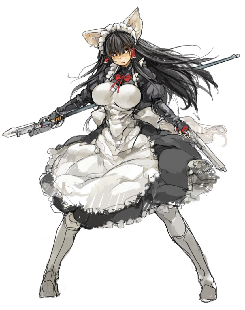 1girl animal_ears apron bangs black_dress black_gloves boots borrowed_character bow breasts cat_ears character_request dress dual_wielding eyebrows eyebrows_visible_through_hair eyes_visible_through_hair fingerless_gloves frilled_apron frilled_dress frills full_body gloves gun handgun highres holding holding_gun holding_weapon large_breasts long_hair long_sleeves maid maid_apron maid_headdress original pantyhose pink_eyes pistol puffy_long_sleeves puffy_sleeves red_bow sachito silver_boots silver_legwear simple_background solo standing very_long_hair weapon white_apron white_background