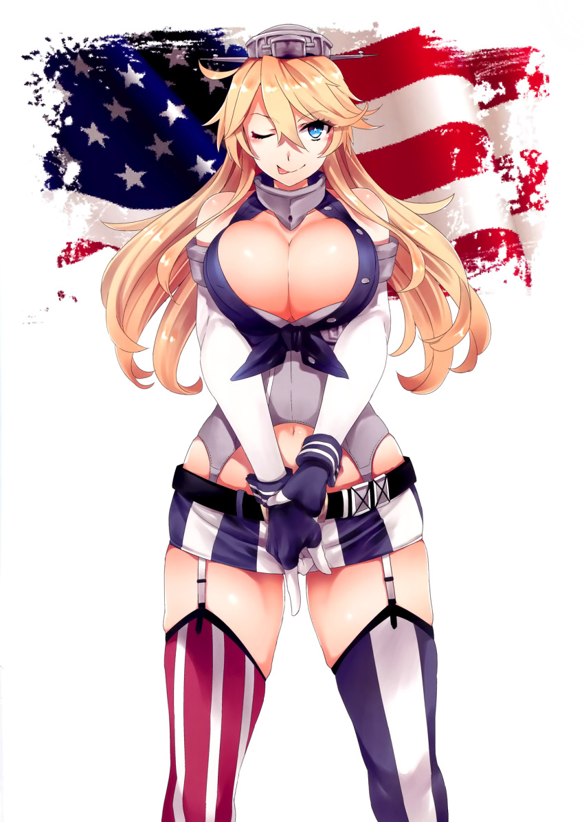 1girl :p ;) american_flag american_flag_legwear bare_shoulders blonde_hair blue_eyes blue_gloves breasts cleavage curvy elbow_gloves fingerless_gloves garter_straps gloves hair_between_eyes hat highres ichitaka iowa_(kantai_collection) kantai_collection large_breasts long_hair looking_at_viewer miniskirt navel one_eye_closed scan shirt sidelocks skirt smile solo star star-shaped_pupils striped symbol-shaped_pupils thigh-highs tied_shirt tongue tongue_out vertical-striped_skirt vertical_stripes white_gloves wide_hips