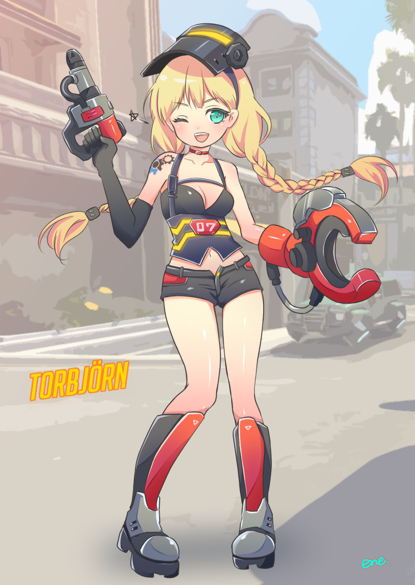 1girl ;d arm_tattoo artist_name bad_anatomy bare_shoulders black_gloves black_shorts blonde_hair boots braid breasts character_name choker collarbone crop_top elbow_gloves enepuni eyebrows eyebrows_visible_through_hair genderswap genderswap_(mtf) gloves green_eyes gun hair_ornament hair_tie handgun harness heart heart-shaped_pupils highres holding holding_gun holding_weapon knee_boots looking_at_viewer low_twintails mask mask_on_head navel one_eye_closed open_mouth overwatch prosthesis prosthetic_arm shirt short_shorts shorts single_glove sitting sleeveless small_breasts smile solo strap strapless symbol-shaped_pupils tattoo teeth torbjorn_(overwatch) twin_braids twintails unzipped weapon welding_mask younger