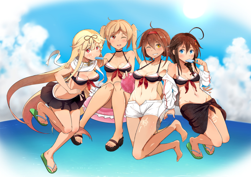 4girls ;) ahoge ball bare_shoulders barefoot bikini_top black_ribbon black_skirt blonde_hair blue_eyes blue_sky braid breasts brown_eyes brown_hair choker cleavage clouds collarbone feet food grin groin hair_between_eyes hair_flaps hair_ornament hair_over_shoulder hair_ribbon hairband hairclip hand_on_another's_arm ice_cream innertube jacket kantai_collection light_brown_hair liking long_hair long_sleeves looking_at_viewer medium_breasts miniskirt mouth_hold multiple_girls murasame_(kantai_collection) navel off_shoulder one-piece_tan one_eye_closed open_clothes open_jacket open_mouth parted_lips pleated_skirt popsicle red_eyes red_ribbon remodel_(kantai_collection) ribbon sandals sarong scarf shigure_(kantai_collection) shiratsuyu_(kantai_collection) shirt short_hair shorts single_braid skirt sky smile sun tan tanline teeth translation_request twintails very_long_hair water white_scarf white_shirt yellow_eyes yuudachi_(kantai_collection)