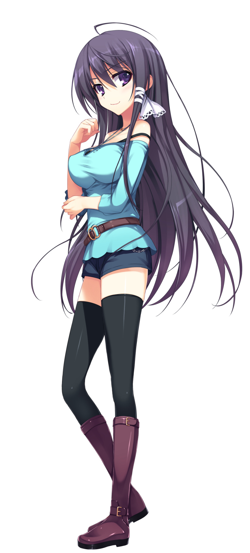 1girl absurdres belt_boots black_legwear boots full_body hand_on_own_chest highres knee_boots long_hair looking_at_viewer mizuno_rin reminiscence reminiscence_re:collect shorts smile solo thigh-highs tomose_shunsaku transparent_background very_long_hair violet_eyes