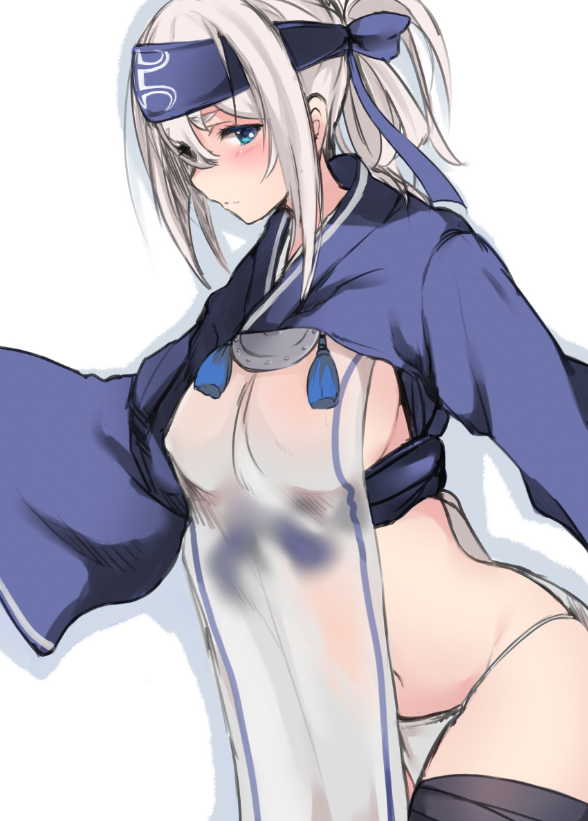 1girl absurdres black_legwear blue_eyes blush breasts cowboy_shot dutch_angle dyson_(edaokunnsaikouya) folded_ponytail hair_between_eyes headband highres kamoi_(kantai_collection) kantai_collection large_breasts loincloth midriff navel see-through silver_hair simple_background solo thigh-highs underbust white_background wide_sleeves