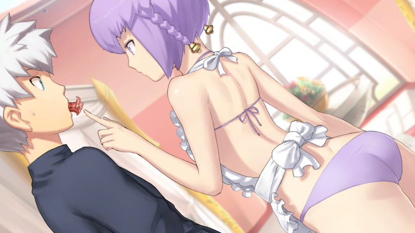 1boy 1girl aoto_(ar_tonelico) apron ar_tonelico ar_tonelico_iii ass back bare_shoulders bikini blue_eyes blurry bow braid curtains depth_of_field dutch_angle eating feeding flower food frilled_apron frills from_behind game_cg hair_ornament index_finger_raised indoors looking_at_another mouth_hold nagi_ryou nearly_naked_apron official_art profile purple_bikini purple_hair screencap short_hair sweatdrop swimsuit tako-san_wiener tilia twin_braids violet_eyes white_hair window