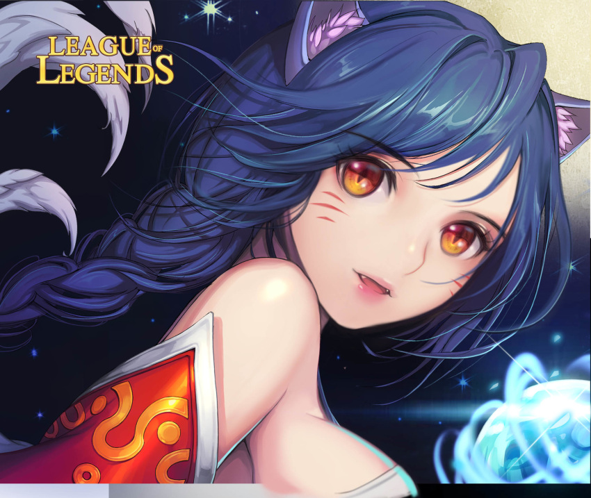1girl ahri animal_ears bangs bare_shoulders black_hair braid breasts copyright_name detached_sleeves eyebrows eyebrows_visible_through_hair face facial_mark fangs fox_ears from_side hayanpool highres korean_clothes large_breasts league_of_legends lips long_hair looking_at_viewer pink_lips ponytail sky solo star_(sky) starry_sky whisker_markings yellow_eyes