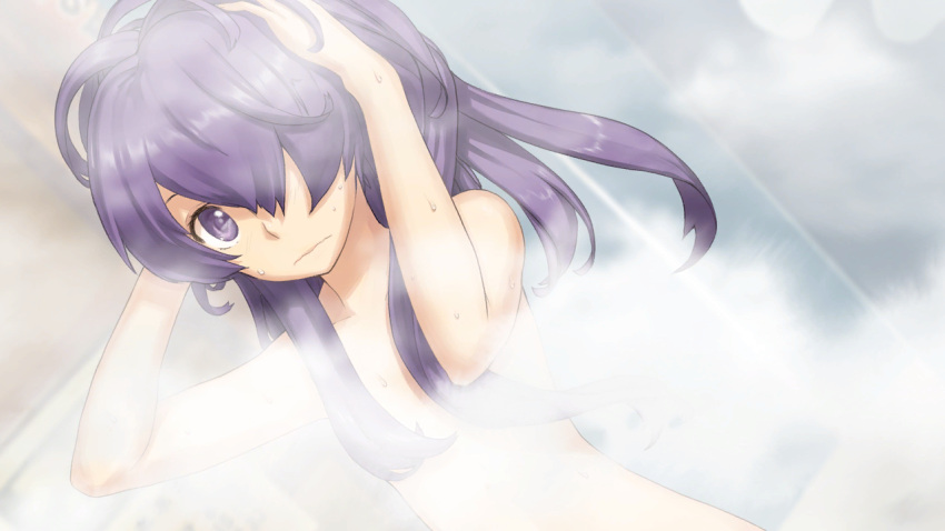 1girl ar_tonelico ar_tonelico_iii bathing closed_mouth cocona_vatel dutch_angle game_cg hair_censor hair_over_one_eye hands_in_hair long_hair looking_at_viewer nagi_ryou nude official_art purple_hair solo spoilers steam violet_eyes wavy_mouth