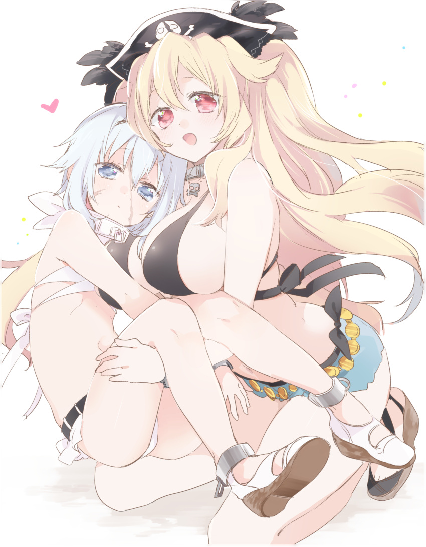 2girls anne_bonny_(fate/grand_order) anne_bonny_(swimsuit_archer)_(fate) bikini black_bikini blonde_hair blue_eyes blush breasts carrying cleavage fate/grand_order fate_(series) hat heart highres large_breasts long_hair looking_at_viewer mary_read_(fate/grand_order) mary_read_(swimsuit_archer)_(fate) multiple_girls open_mouth pirate_hat princess_carry red_eyes sandals scar short_hair simple_background sino_(sionori) smile swimsuit twintails white_background white_bikini white_hair