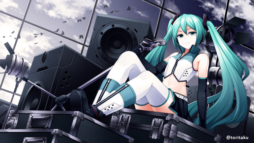 1girl arm_at_side artist_name bare_shoulders bird black_gloves blue_eyes boots closed_mouth clouds elbow_gloves full_body gloves hatsune_miku headgear holding knee_boots long_hair microphone microphone_stand midriff morning navel silver_sky sitting sleeveless smile speaker stomach suitcase thigh-highs torigoe_takumi twintails v4x very_long_hair vocaloid white_boots white_legwear white_vest zettai_ryouiki zipper