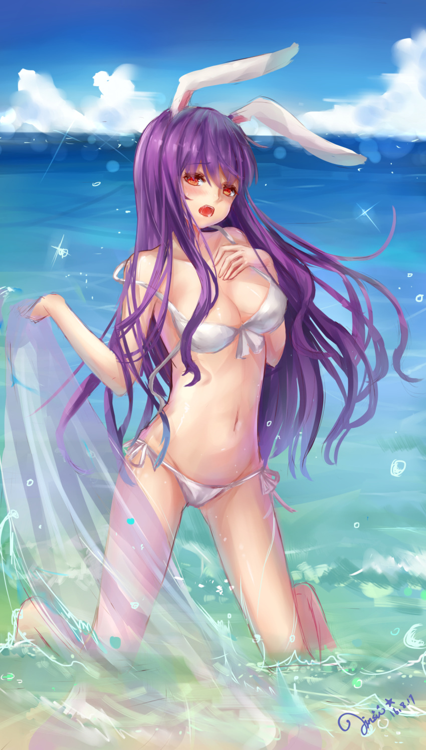 1girl alternate_costume animal_ears artist_name artist_request bangs bare_shoulders bikini blue_sky blush breasts cleavage clouds collarbone dated day front-tie_top hand_on_own_chest highres hips horizon jinsu kneeling long_hair looking_at_viewer loose_bikini medium_breasts navel ocean off_shoulder open_mouth purple_hair rabbit_ears red_eyes reisen_udongein_inaba saliva sarong_removed see-through shiny shiny_skin side-tie_bikini signature sketch sky solo sparkle stomach strap_slip swimsuit tareme touhou very_long_hair water water_drop waves white_bikini