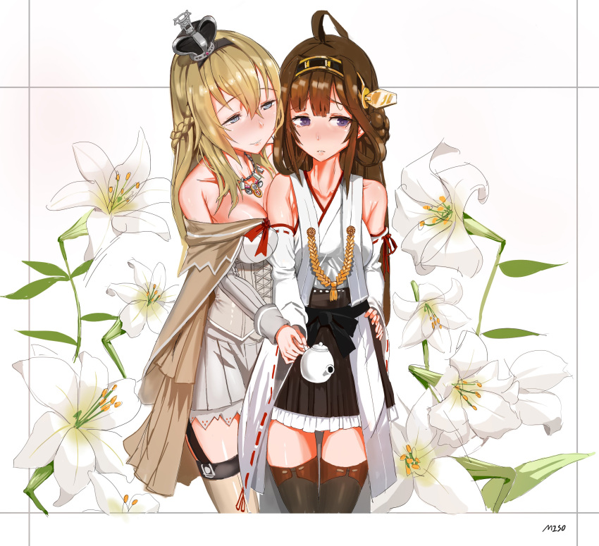 2girls absurdres ahoge aqua_eyes bare_shoulders black_legwear blonde_hair blush braid breast_press breasts brown_hair collarbone corset cowboy_shot crown detached_sleeves double_bun dress floral_background flower french_braid garter_straps grey_dress grey_legwear hair_between_eyes hairband hand_on_another's_hip hand_on_hip highres japanese_clothes jewelry kantai_collection kongou_(kantai_collection) large_breasts lily_(flower) lips long_hair looking_at_another looking_to_the_side mini_crown miniskirt multiple_girls necklace nontraditional_miko off-shoulder_dress off_shoulder parted_lips shy skirt ssamjang_(misosan) teapot thigh-highs violet_eyes warspite_(kantai_collection) wide_sleeves yuri