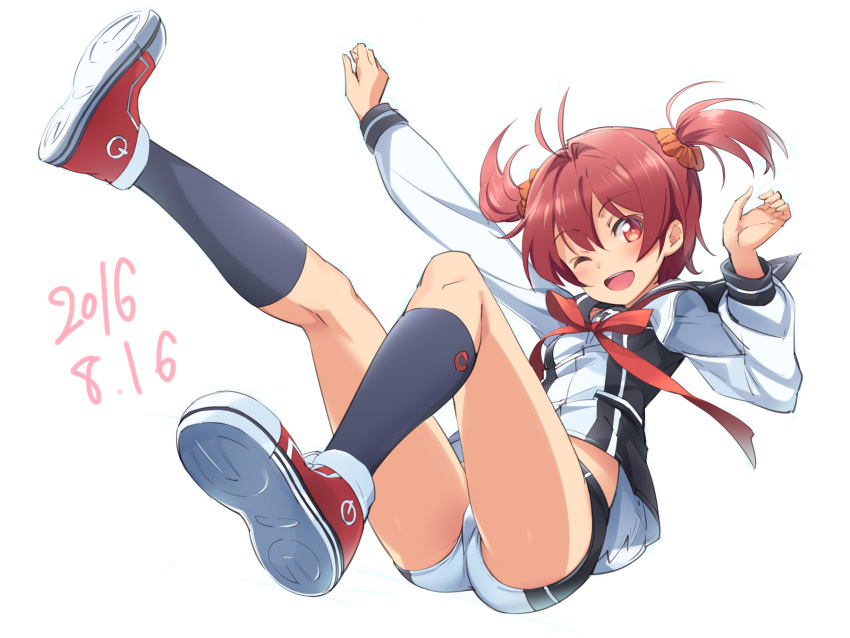 1girl ;d arm_up ass bangs black_legwear blush bow commentary_request full_body hair_ornament hair_scrunchie highres isshiki_akane kneehighs long_hair long_sleeves looking_at_viewer michairu one_eye_closed open_mouth red_eyes redhead school_uniform scrunchie shoes shorts simple_background smile sneakers solo twintails vividred_operation white_background