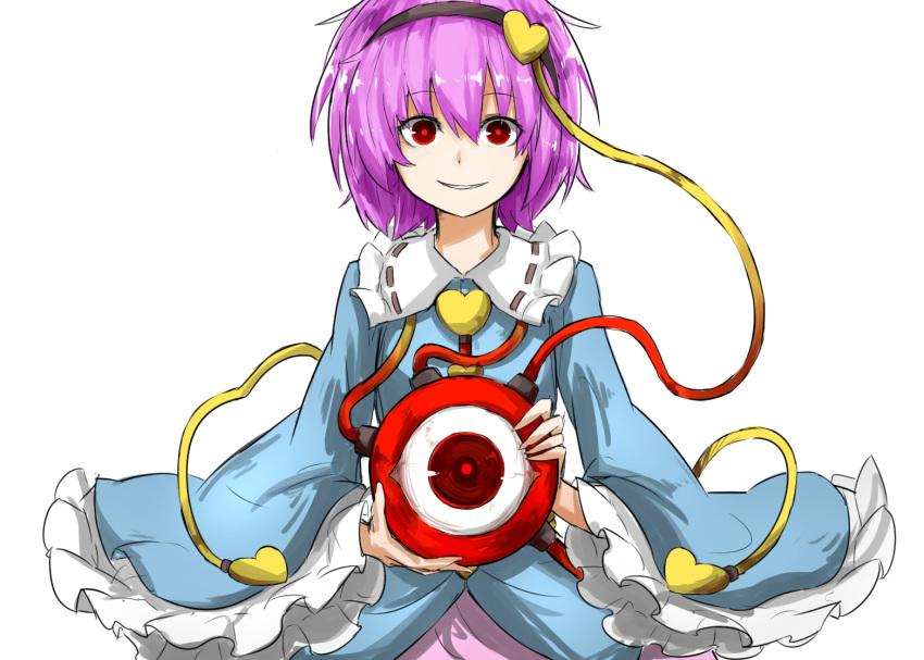 1girl blue_shirt crazy_eyes eyeball frilled_shirt_collar frilled_sleeves frills hairband heart kan_(aaaaari35) komeiji_satori long_sleeves looking_at_viewer parted_lips pink_skirt purple_hair red_eyes shirt short_hair simple_background skirt smile solo third_eye touhou upper_body white_background wide_sleeves yandere