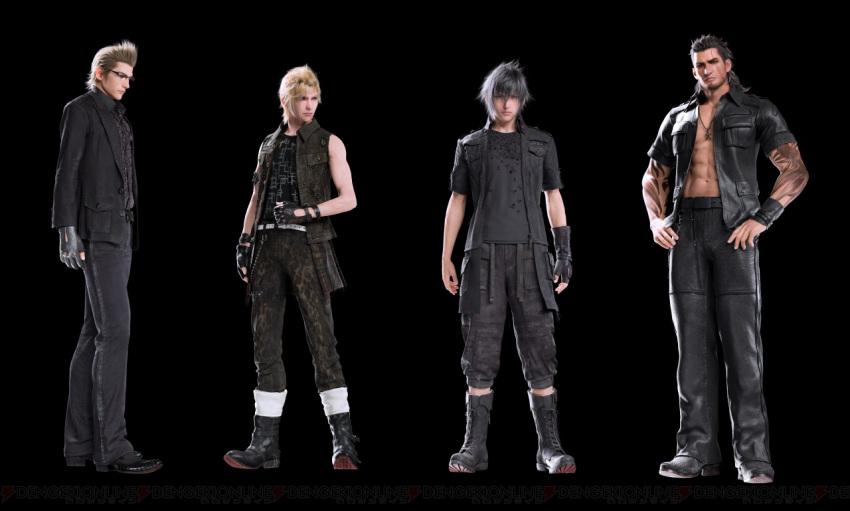 3d 4boys abs black_background black_hair black_jacket blonde_hair final_fantasy final_fantasy_xv fingerless_gloves formal full_body gladiolus_amicitia glasses gloves ignis_scientia jacket jewelry leather leather_jacket looking_at_viewer multiple_boys necklace noctis_lucis_caelum official_art prompto_argentum spiky_hair square_enix suit tattoo vest wristband