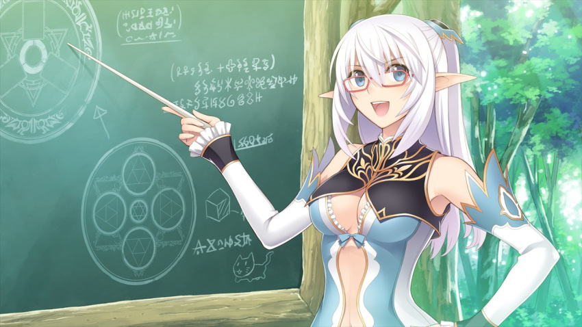 1girl :d altina_(shining_blade) aqua_bow armpits bare_shoulders blade_arcus_from_shining blue_eyes body_offscreen bow breasts chalkboard circle cleavage cleavage_cutout day detached_sleeves directional_arrow drawing ears elf eyebrows eyebrows_visible_through_hair eyes fingernails fingers forest frilled_sleeves frills fringe game_cg glasses hair_between_eyes hair_ornament half_updo hand_on_hip hands happy hexagram holding leaf long_hair looking_to_the_side nature navel navel_cutout open_eyes open_mouth out_of_frame outdoors pointer pointy_ears red_glasses shining_(series) shining_blade silver_hair small_breasts smile solo star star_of_david stomach tanaka_takayuki teacher teaching teeth text tongue tree triangle upper_body