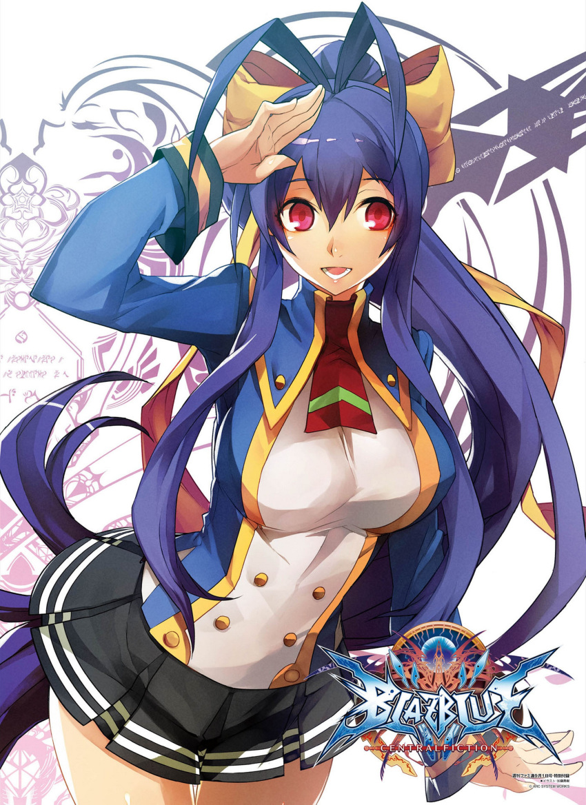 1girl :d absurdres antenna_hair bangs blazblue blazblue:_central_fiction blazblue_remix_heart blazblue_variable_heart blue_hair bow breasts cowboy_shot genderswap genderswap_(mtf) hair_between_eyes hair_bow hand_on_own_head highres jpeg_artifacts katou_yuuki large_breasts leaning_forward long_hair long_sleeves looking_to_the_side mai_natsume official_art open_mouth pleated_skirt ponytail ribbon salute school_uniform sidelocks skirt smile solo yellow_bow