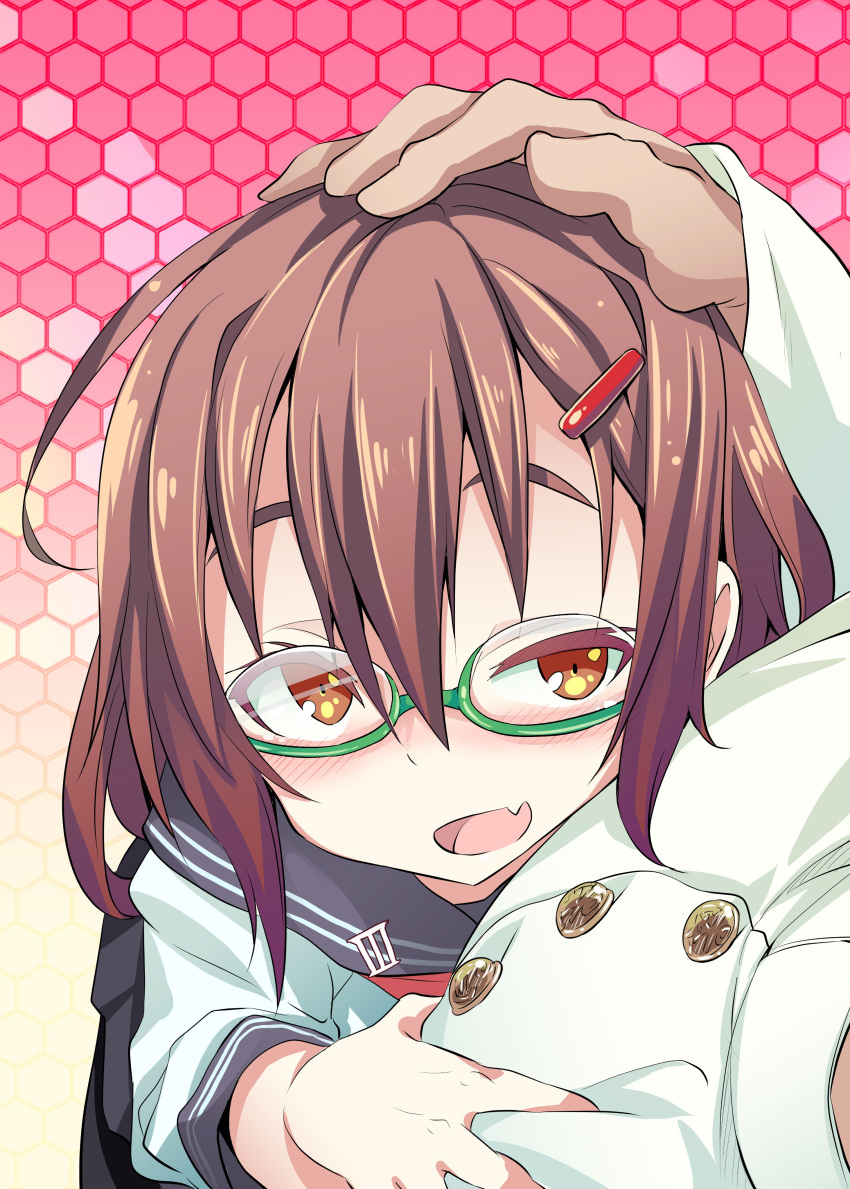 1girl absurdres admiral_(kantai_collection) bespectacled brown_hair buttons fang glasses hair_ornament hairclip hand_on_another's_head highres ikazuchi_(kantai_collection) kantai_collection miyao_ryuu open_mouth petting school_uniform serafuku short_hair