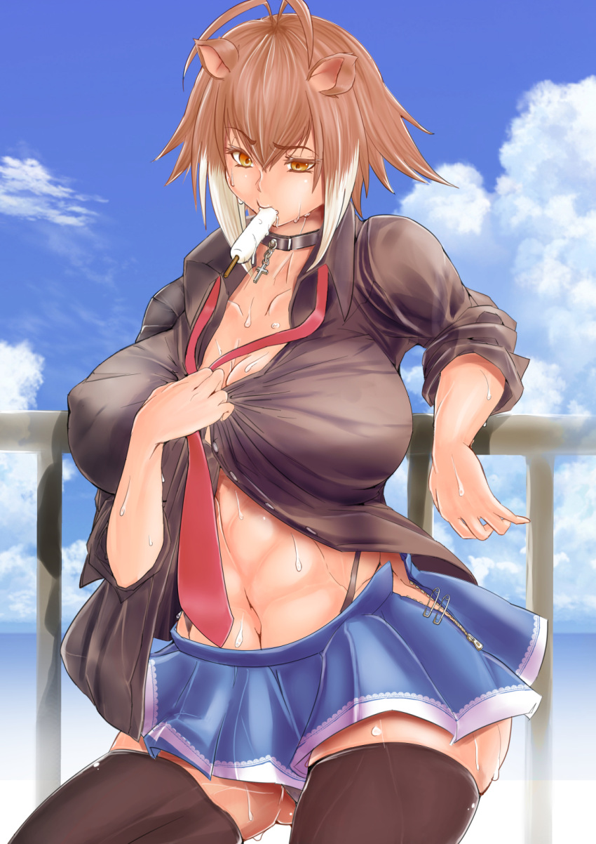 1girl abs animal_ears antenna_hair ass black_legwear black_shirt blazblue blue_skirt breasts brown_hair choker cleavage clouds cloudy_sky cross curvy eating highleg highleg_panties highres hot huge_breasts large_breasts leaning_against_railing loose_necktie makoto_nanaya miniskirt multicolored_hair navel necktie no_bra no_tail nontan_(nontanexx) orange_eyes panties pantyshot plump popsicle railing red_necktie revealing_clothes safety_pin school_uniform shirt short_hair side_slit skindentation skirt sky sleeves_pushed_up solo squirrel_ears sweat thick_thighs thigh-highs thighs thong two-tone_hair unbuttoned unbuttoned_shirt underwear unzipped whale_tail zettai_ryouiki zipper