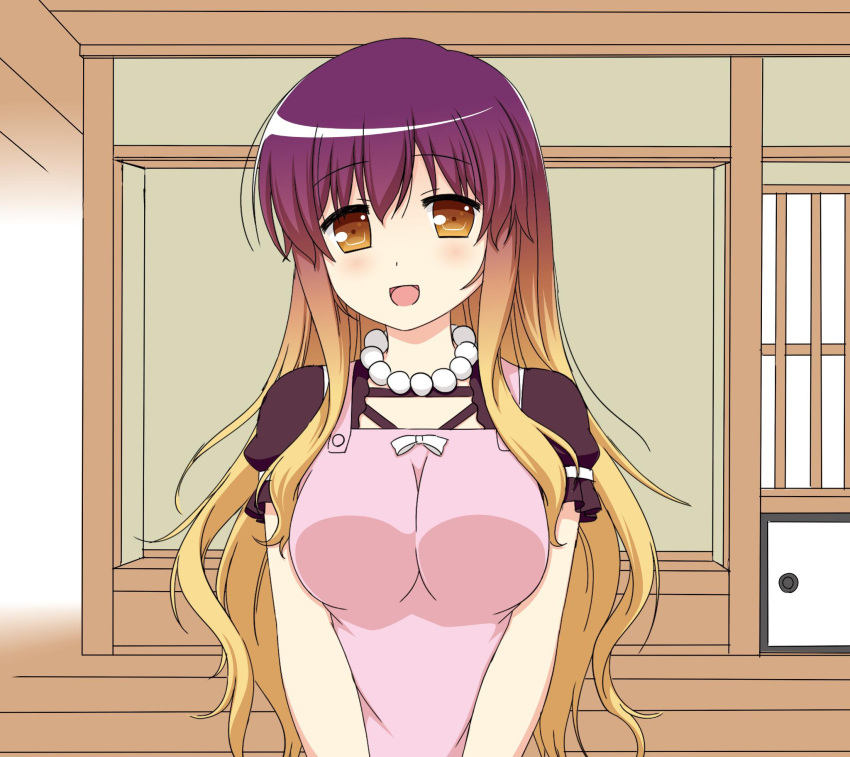 1girl :d apron arm_garter bead_necklace beads blonde_hair blush breasts cpu_(hexivision) gradient_hair highres hijiri_byakuren indoors jewelry large_breasts long_hair looking_at_viewer multicolored_hair necklace open_mouth pearl_necklace pink_apron prayer_beads purple_hair short_sleeves sidelocks smile solo touhou upper_body v_arms yellow_eyes