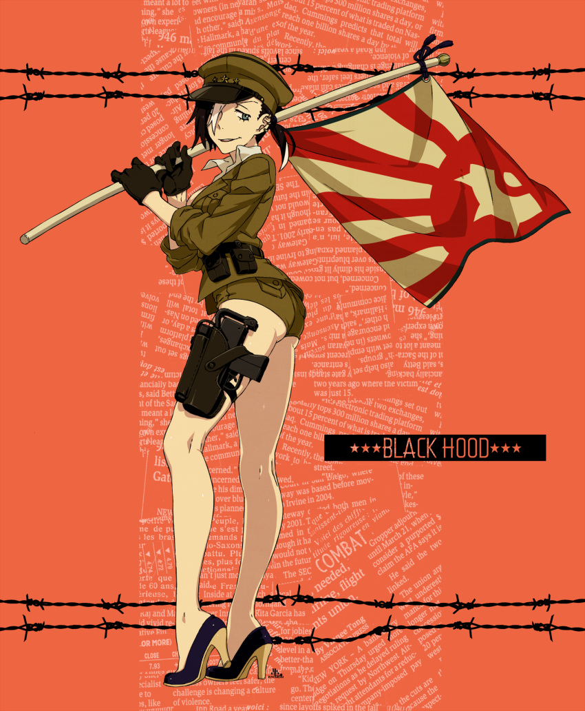 1girl ass barbed_wire black_hair black_hood blue_eyes breasts earrings flag flagpole full_body gloves gun hair_over_one_eye hat high_heels highres holster jewelry kamezaemon looking_at_viewer military military_uniform multicolored_hair open_mouth original ponytail red_background short_hair short_shorts shorts smile solo submachine_gun teeth text thigh_holster two-tone_hair uniform weapon white_hair