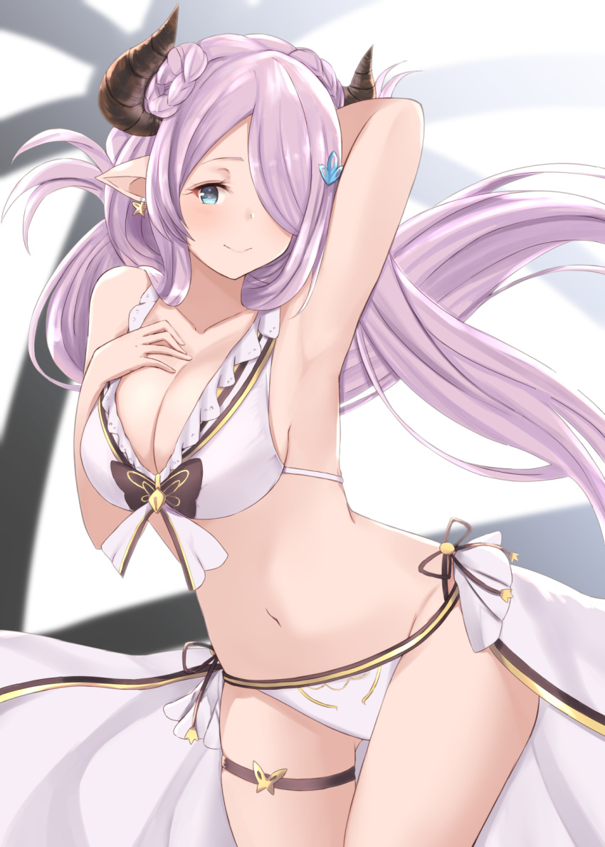 1girl alternate_costume alternate_hairstyle arm_behind_head armpits bikini blue_eyes breasts cleavage collarbone granblue_fantasy groin hair_over_one_eye hand_on_own_chest highres large_breasts lavender_hair long_hair maosame midriff narumeia_(granblue_fantasy) navel pointy_ears pose sideboob smile swimsuit thigh_strap thighs white_bikini