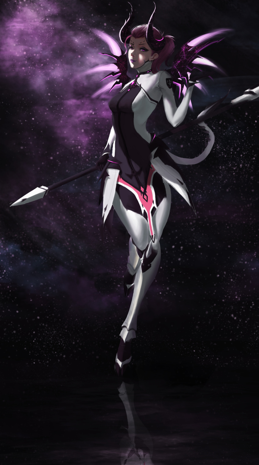 1girl absurdres alternate_costume bodysuit breasts dark_persona demon_horns ear_piercing facial_mark faulds forehead_mark full_body glowing glowing_wings highres holding holding_staff horns imp_mercy light_particles lipstick llk_(740486133) long_hair looking_at_viewer makeup mechanical_wings mercy_(overwatch) one_leg_raised overwatch piercing ponytail purple_hair purple_lipstick purple_wings reflective_floor small_breasts smile solo staff violet_eyes wings