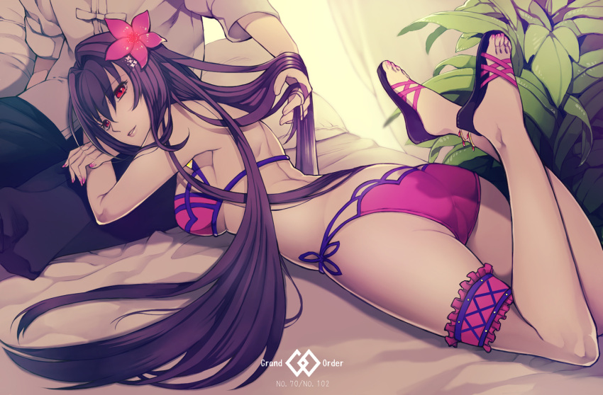 1girl ass assassin_(fate/extra) bed bed_sheet bikini breast_press breasts crossed_arms fate/grand_order fate_(series) flower from_behind hair_flower hair_ornament hibiscus large_breasts li_shuwen_(fate/grand_order) lips long_hair looking_at_viewer lying lying_on_lap midriff nail_polish nishi_juuji no_socks on_stomach parted_lips purple_bikini purple_hair red_eyes sandals scathach_(fate/grand_order) scathach_(swimsuit_assassin)_(fate) solo_focus swimsuit thighs toes very_long_hair