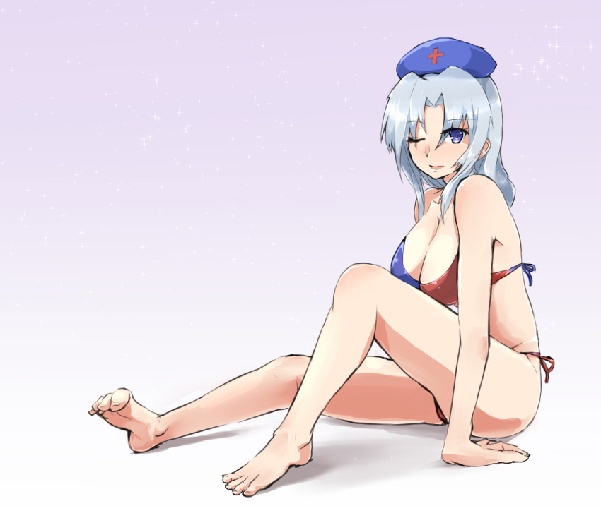 1girl adapted_costume bad_anatomy bad_hands barefoot bikini blue_eyes breasts cleavage depo_(typebaby505) hat large_breasts long_hair looking_at_viewer nurse_cap one_eye_closed open_mouth poorly_drawn silver_hair sitting sketch solo swimsuit touhou underwear underwear_only yagokoro_eirin