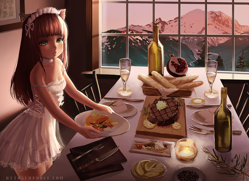 1girl animal_ears bangs bare_shoulders blunt_bangs bottle bread brown_hair candle cat_ears chair choker cup dining_room dress drinking_glass eyelashes food fork fruit green_eyes holding holding_plate indoors knife lace lace-trimmed_dress lemon lemon_slice long_hair looking_at_viewer maid_headdress mountain napkin no_tail original otto parted_lips plate pomegranate short_dress sleeveless sleeveless_dress solo steak strap_slip table utensil watermark web_address white_dress window wine_bottle wine_glass