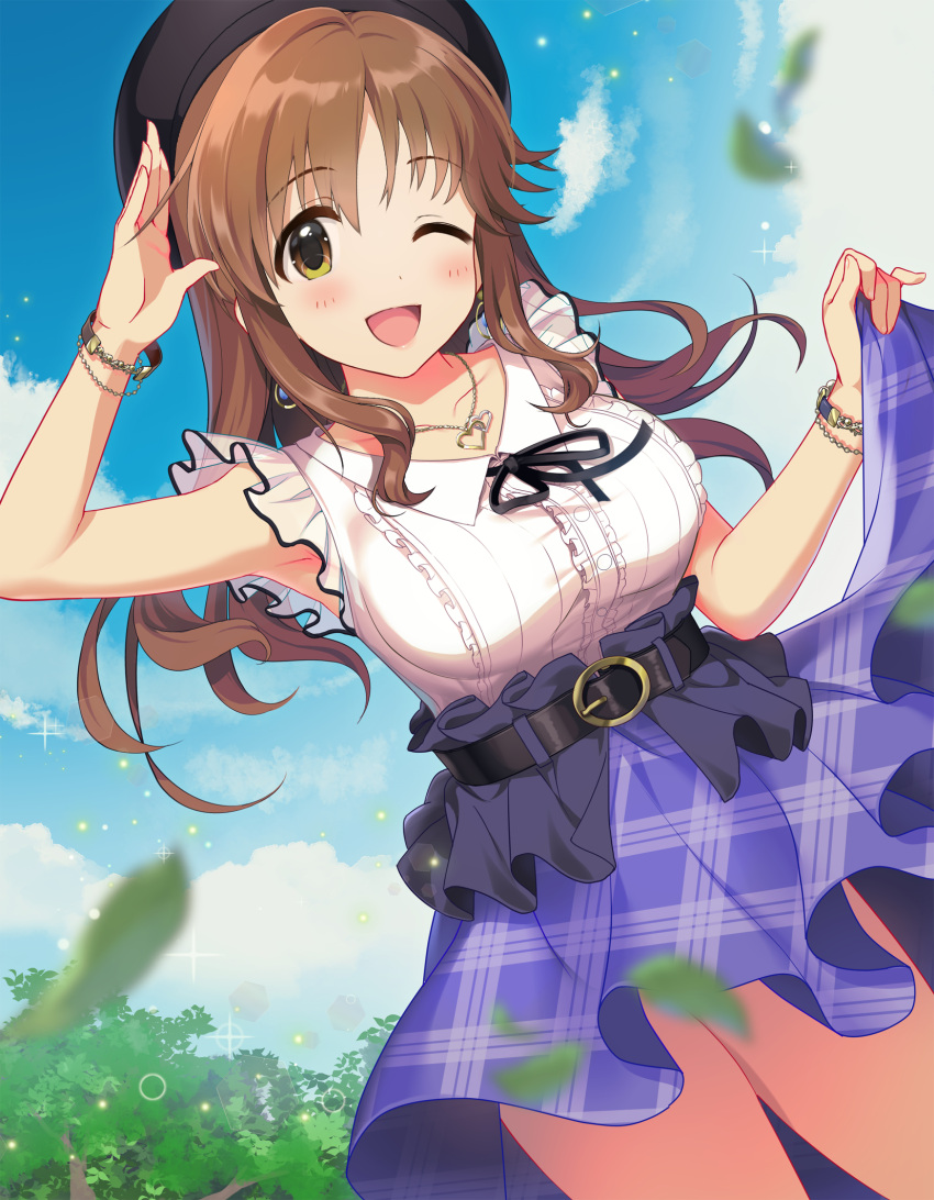 1girl belt beret black_headwear blush bracelet breasts brown_eyes brown_hair commentary_request earrings hand_up hat heart heart_necklace highres idolmaster idolmaster_cinderella_girls idolmaster_cinderella_girls_starlight_stage jewelry large_breasts looking_at_viewer natsuya_(natuya777) one_eye_closed open_mouth purple_skirt skirt skirt_hold smile solo totoki_airi