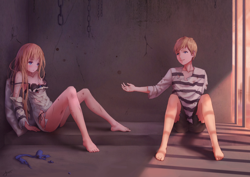 1boy 1girl artist_name barefoot black_bra black_panties blonde_hair blush bra breasts chains character_request collarbone cracked_wall cuffs full_body girls_frontline highres horizontal_stripes indoors injury jay_xu light long_hair off_shoulder on_floor outstretched_arm panties pantyshot pillow prison prison_clothes prisoner shackles shadow shirt short_hair side-tie_panties signature sitting small_breasts solo striped torn_clothes torn_shirt underwear watermark