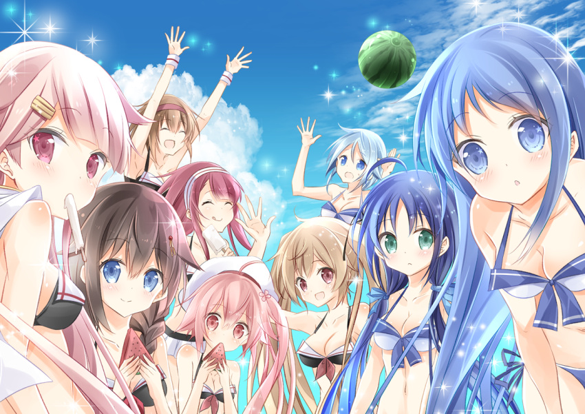 6+girls :d :p ^_^ ahoge alternate_costume alternate_hair_color armpits arms_up asymmetrical_bangs bangs beret bikini black_bikini blue_eyes blue_hair blue_sky blush braid breasts brown_hair closed_eyes eating food fruit gradient_hair green_eyes hair_between_eyes hair_flaps hair_ornament hair_ribbon hairband hairclip harusame_(kantai_collection) hat holding holding_fruit kantai_collection kawakaze_(kantai_collection) kurun_(kurun777) leaning_forward light_blue_hair light_brown_hair long_hair looking_at_viewer looking_back low_twintails medium_breasts microskirt mouth_hold multicolored_hair multiple_girls murasame_(kantai_collection) navel open_hands open_mouth pink_hair popsicle red_eyes redhead remodel_(kantai_collection) ribbon samidare_(kantai_collection) scarf shigure_(kantai_collection) shiratsuyu_(kantai_collection) short_hair side_ponytail skirt sky smile sparkle star suzukaze_(kantai_collection) swept_bangs swimsuit tongue tongue_out twintails umikaze_(kantai_collection) very_long_hair watermelon white_scarf white_skirt yuudachi_(kantai_collection)
