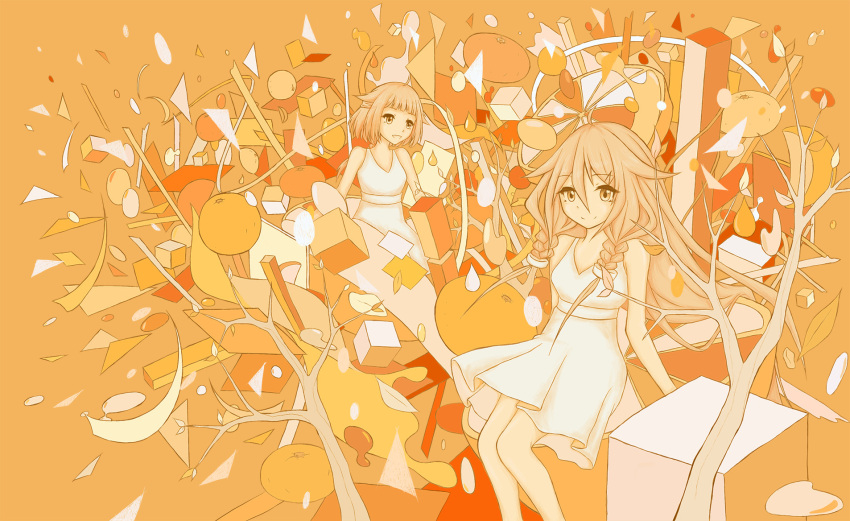 2girls :d ahoge braid branch cevio confetti cube dress droplet female food fruit highres ia_(vocaloid) looking_at_viewer multiple_girls one_(cevio) open_mouth orange orange_(color) plant poorly_drawn sitting smile vocaloid wakakausa_ozora white_dress