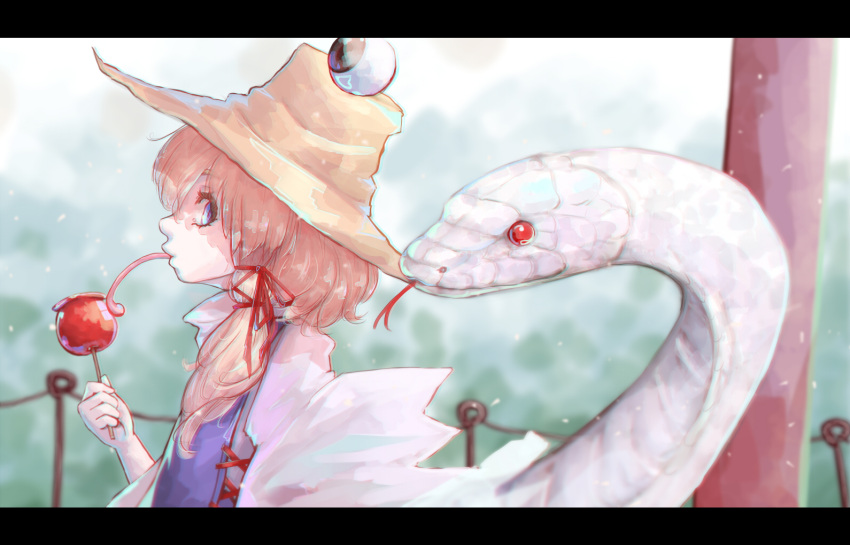 1girl blonde_hair blue_eyes candy_apple food hair_ribbon hat holding holding_food hoshibuchi long_sleeves long_tongue looking_at_viewer mishaguji moriya_suwako outdoors profile red_eyes red_ribbon ribbon short_hair_with_long_locks snake solo tongue touhou tress_ribbon upper_body vest white_snake