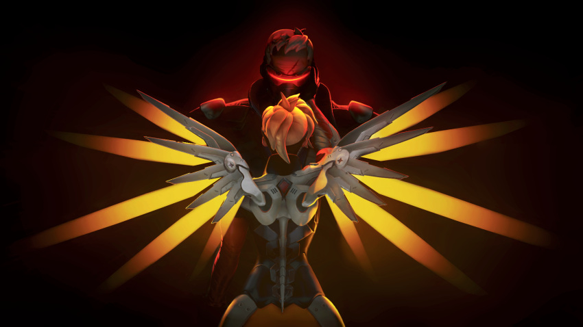 1boy 1girl backlighting black_background blonde_hair face_mask gloves glowing glowing_wings high_ponytail highres jacket looking_at_another mask mechanical_halo mechanical_wings mercy_(overwatch) overwatch ponytail scar short_hair soldier:_76_(overwatch) spread_wings wallpaper wings