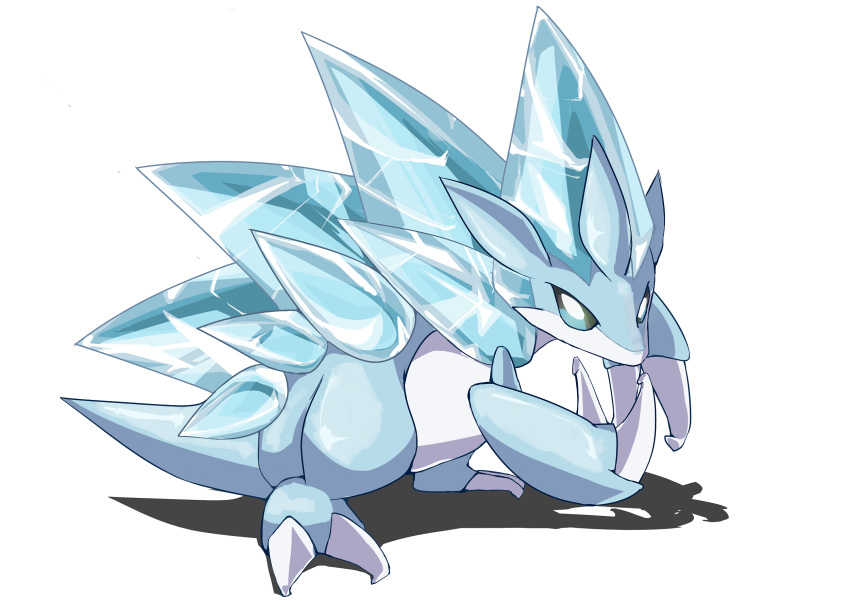 10s alolan_sandslash alternate_form claws highres ice icicle looking_at_viewer no_humans pokemon pokemon_(creature) pokemon_(game) pokemon_sm ressar sandslash shadow shiny simple_background solo spikes tail white_background
