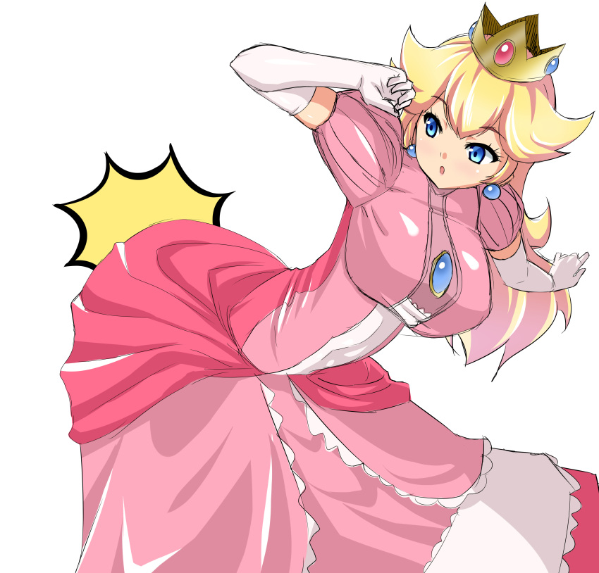 1girl absurdres blonde_hair blue_eyes breasts brooch crown dress earrings elbow_gloves flipped_hair frilled_dress frills gloves highres hip_attack jewelry large_breasts super_mario_bros. mokkori9 nintendo pink_dress princess_peach solo super_mario_bros. super_smash_bros. white_background white_gloves wide_hips