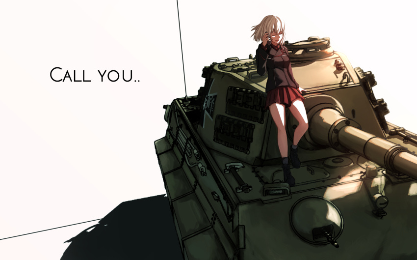 1girl ankle_boots arm_support bangs black_boots black_jacket black_legwear boots cellphone closed_eyes dress_shirt emblem english garrison_cap girls_und_panzer ground_vehicle hat highres holding holding_phone itsumi_erika jacket leaning_back long_hair long_sleeves military military_uniform military_vehicle miniskirt motor_vehicle on_vehicle phone pleated_skirt red_shirt red_skirt shadow shirt silver_hair skirt solo standing tank therj tiger_ii uniform white_background wind